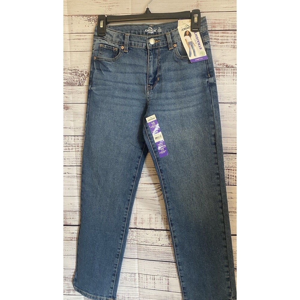 NWT Jordache Jeans Girls 12 Blue Blue Slim Straight Leg baggy Stretch Adj waist